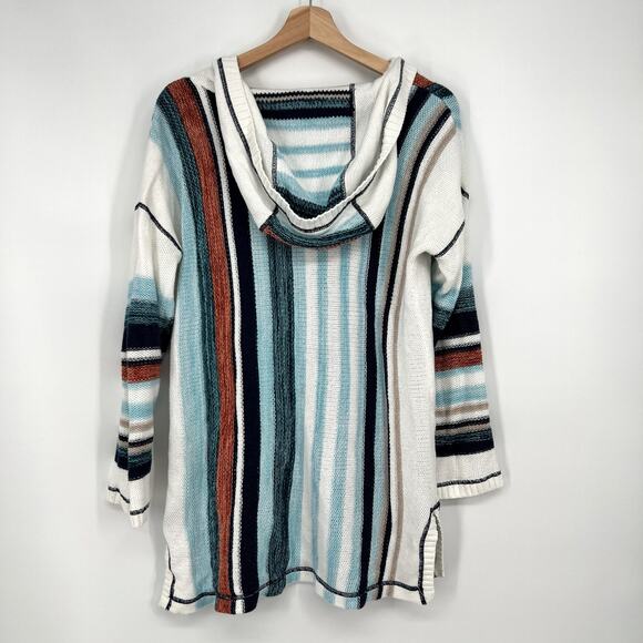 Soft Surroundings Bimini Knit Hoodie Sweater Medium Blue Striped Cotton Pullover - Picture 4 of 9